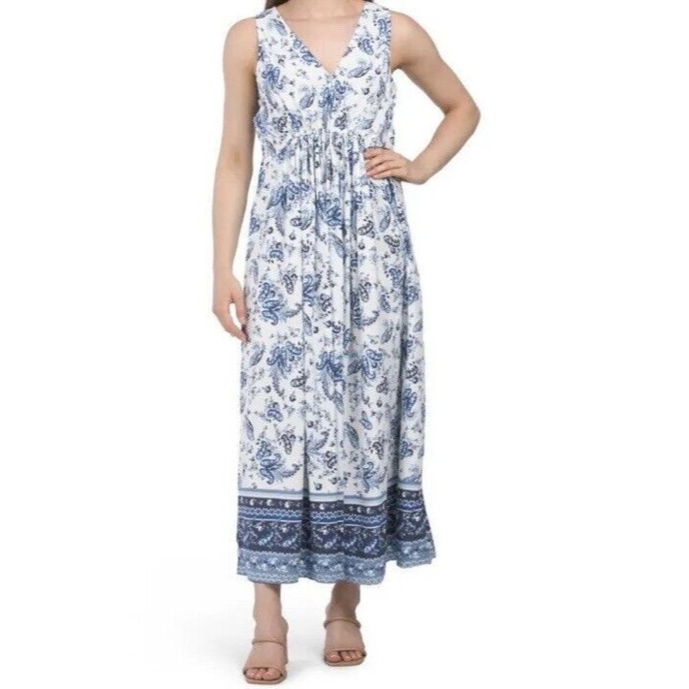Lucky Brand Maxi Dress Blue White Paisley Sleeveless Boho Prairie cottagecore S